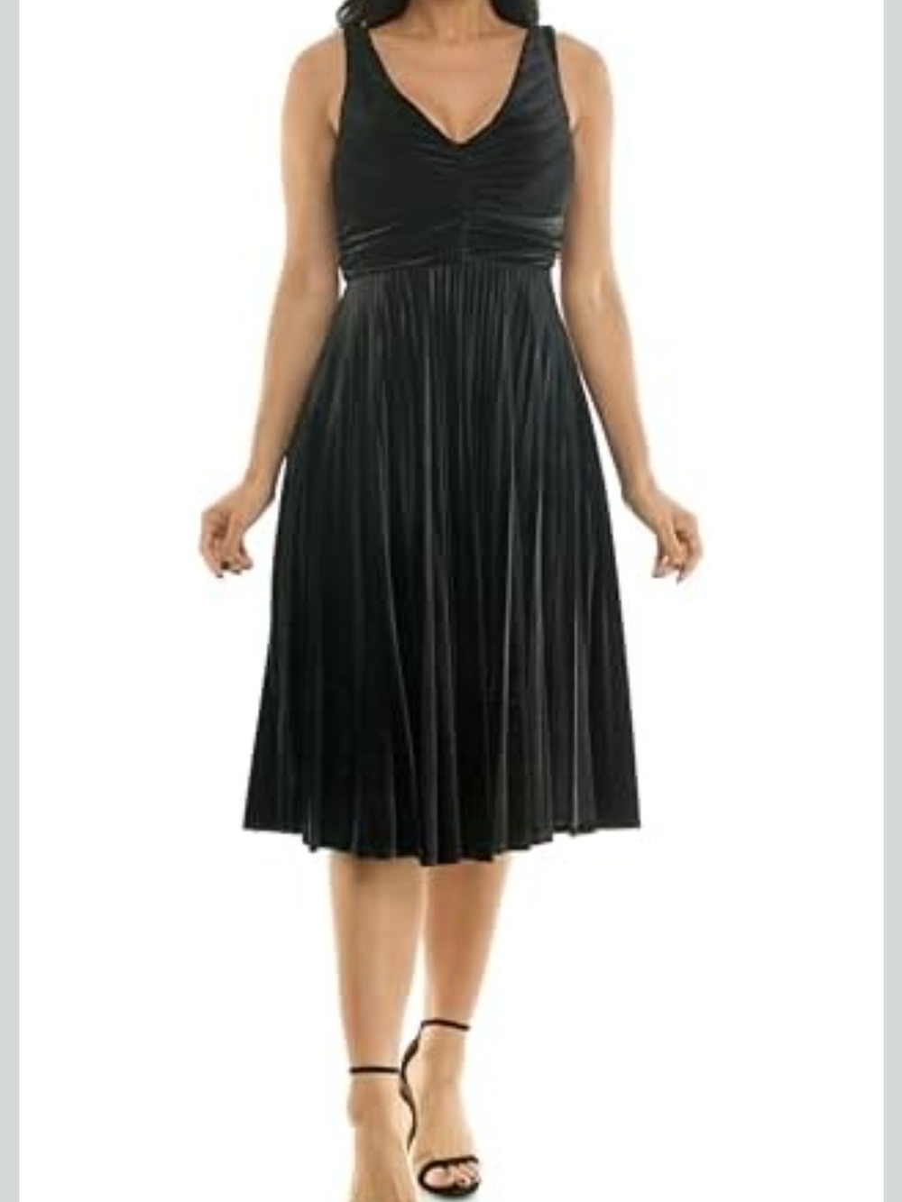 Maison Tara Black Pleated V-Neck Midi Dress